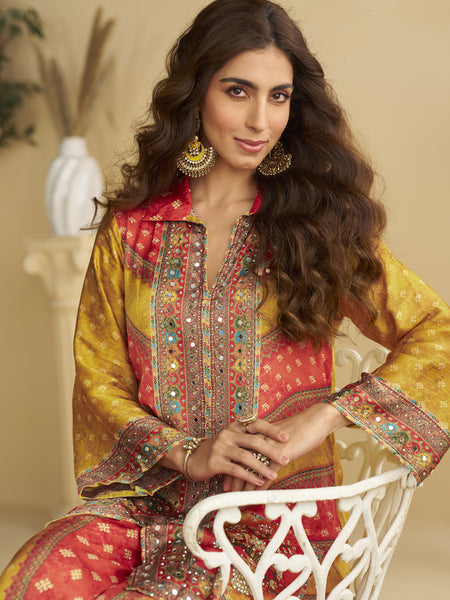 Yellow Crepe Silk Embellished Mirror Work Designer Co-Ord Set