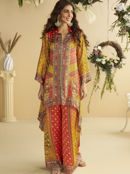 Yellow Crepe Silk Embellished Mirror Work Designer Co-Ord Set