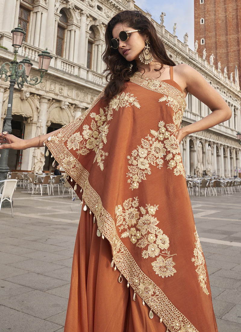 Orange Crepe Silk Embroidered Western Palazzo With Blouse