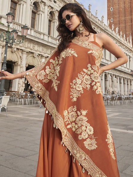 Orange Crepe Silk Embroidered Western Palazzo With Blouse