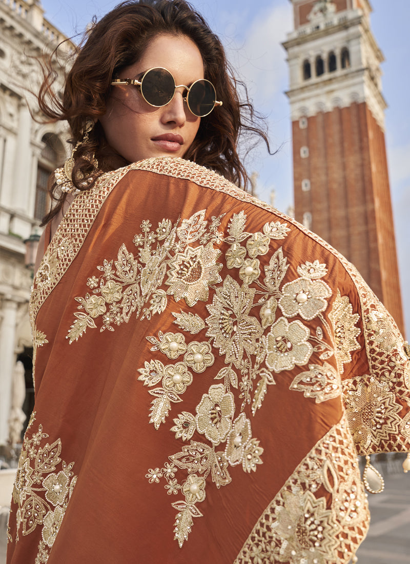 Orange Crepe Silk Embroidered Western Palazzo With Blouse