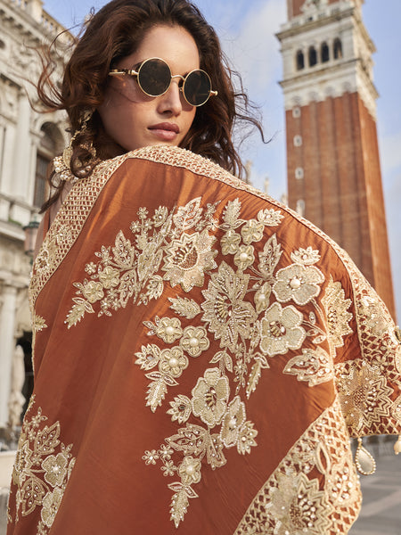 Orange Crepe Silk Embroidered Western Palazzo With Blouse