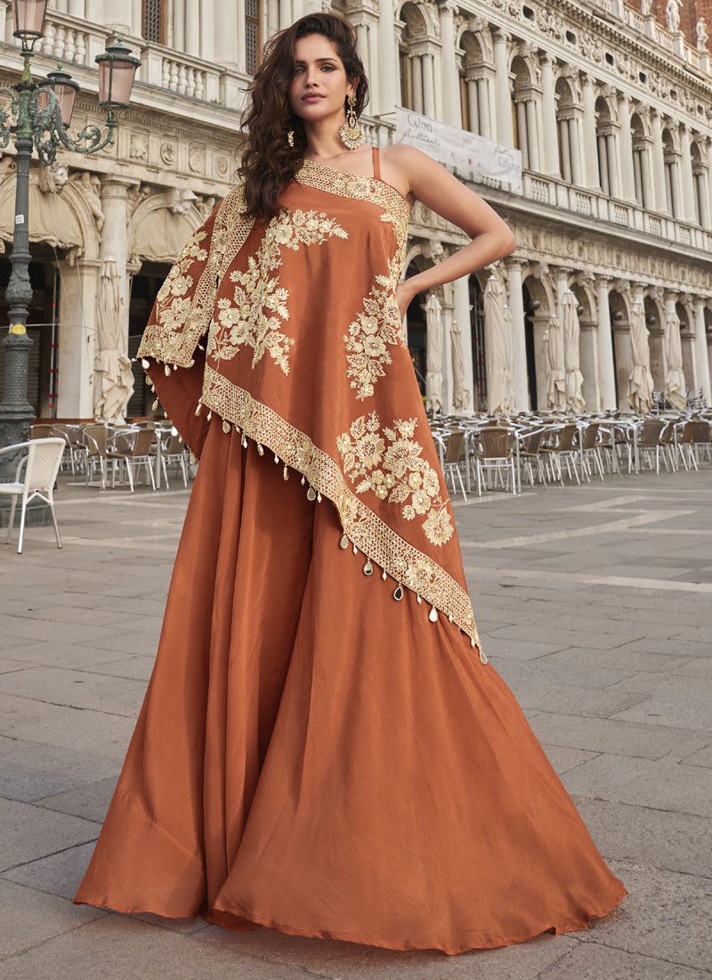 Orange Crepe Silk Embroidered Western Palazzo With Blouse