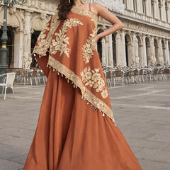 Orange Crepe Silk Embroidered Western Palazzo With Blouse