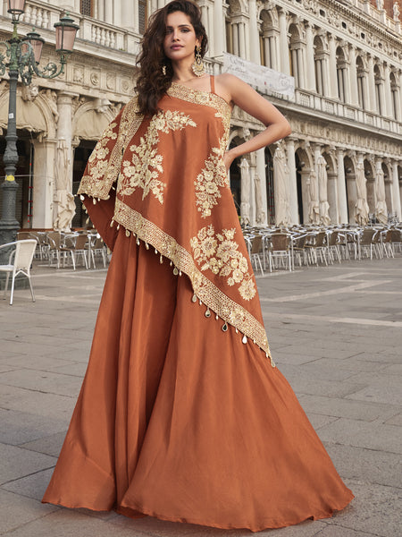 Orange Crepe Silk Embroidered Western Palazzo With Blouse