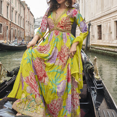Parrot Green Chinon Silk Embroidered Digital Print Festive Look Gown With Dupatta