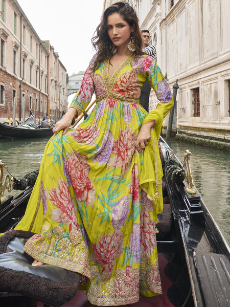 Parrot Green Chinon Silk Embroidered Digital Print Festive Look Gown With Dupatta