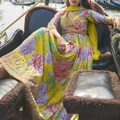 Parrot Green Chinon Silk Embroidered Digital Print Festive Look Gown With Dupatta