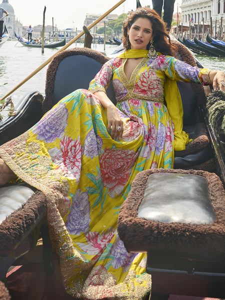 Parrot Green Chinon Silk Embroidered Digital Print Festive Look Gown With Dupatta