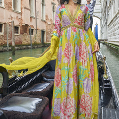 Parrot Green Chinon Silk Embroidered Digital Print Festive Look Gown With Dupatta