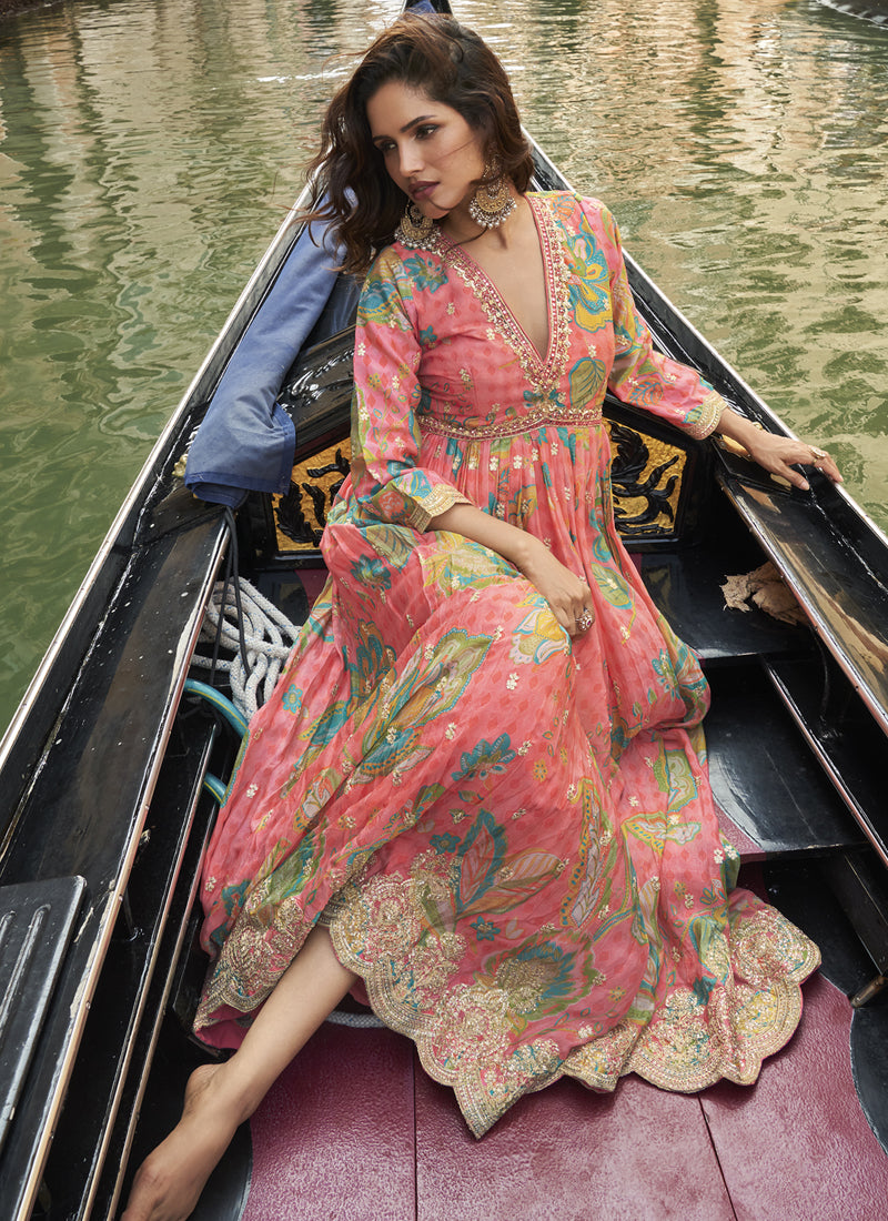 Peach Chinon Silk Embroidered Digital Print Festive Look Gown With Dupatta