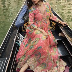 Peach Chinon Silk Embroidered Digital Print Festive Look Gown With Dupatta