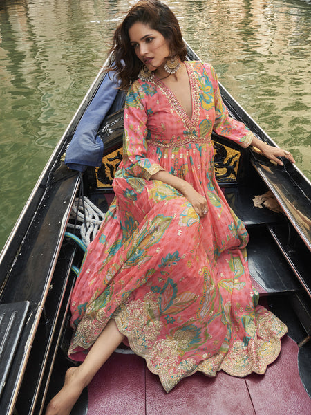 Peach Chinon Silk Embroidered Digital Print Festive Look Gown With Dupatta