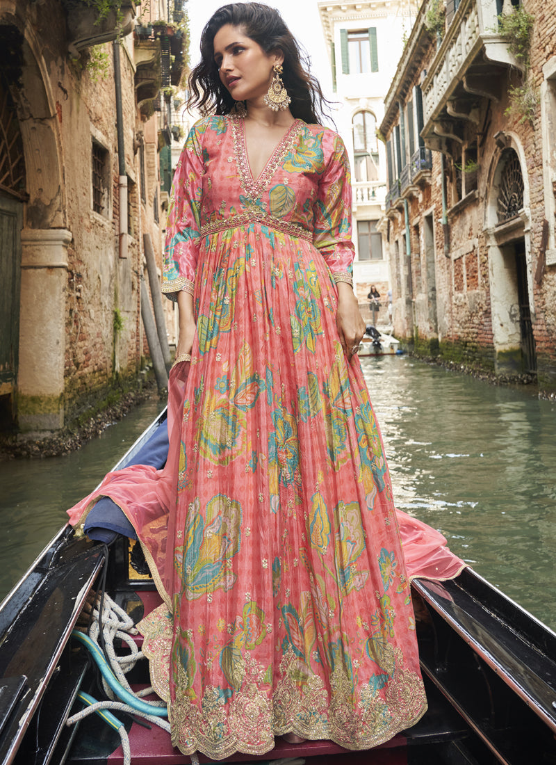 Peach Chinon Silk Embroidered Digital Print Festive Look Gown With Dupatta