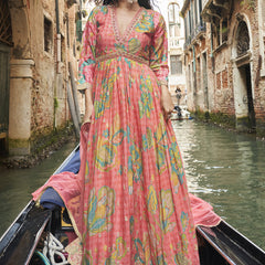 Peach Chinon Silk Embroidered Digital Print Festive Look Gown With Dupatta