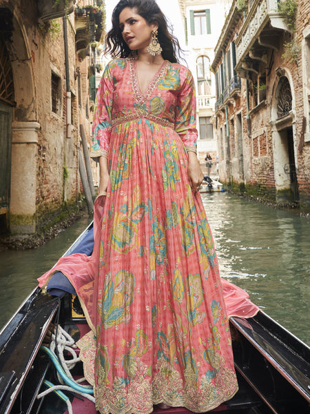 Peach Chinon Silk Embroidered Digital Print Festive Look Gown With Dupatta