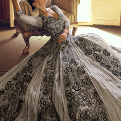 Light Grey Viscos Shimmer Jacquard Silk Embroidered Gown