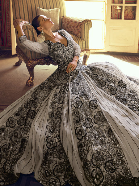 Light Grey Viscos Shimmer Jacquard Silk Embroidered Gown