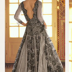 Light Grey Viscos Shimmer Jacquard Silk Embroidered Gown
