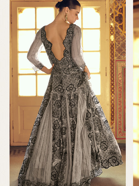 Light Grey Viscos Shimmer Jacquard Silk Embroidered Gown