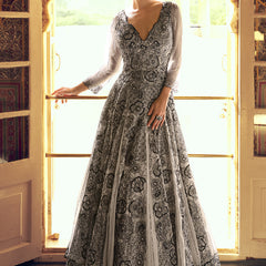 Light Grey Viscos Shimmer Jacquard Silk Embroidered Gown