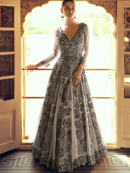 Light Grey Viscos Shimmer Jacquard Silk Embroidered Gown