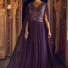 Violet Viscos Shimmer Jacquard Silk Embroidered Gown