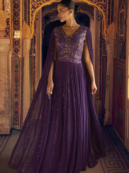 Violet Viscos Shimmer Jacquard Silk Embroidered Gown