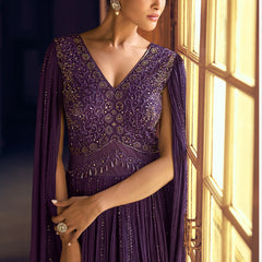 Violet Viscos Shimmer Jacquard Silk Embroidered Gown