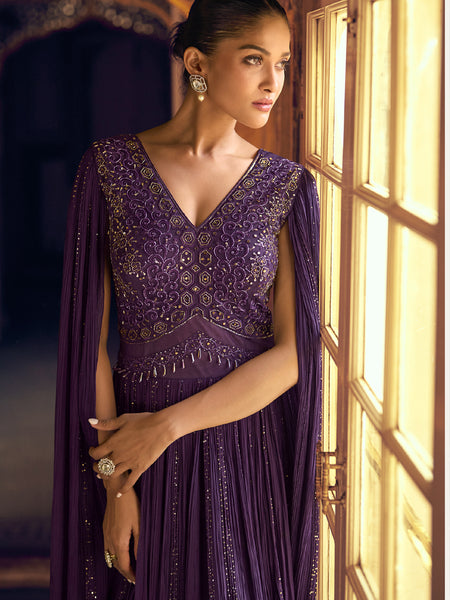 Violet Viscos Shimmer Jacquard Silk Embroidered Gown