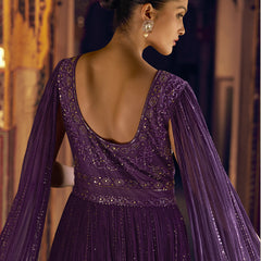 Violet Viscos Shimmer Jacquard Silk Embroidered Gown