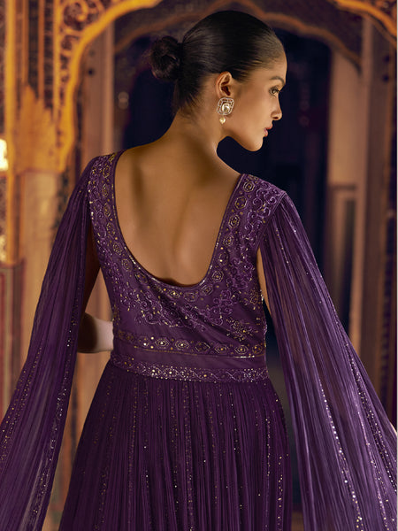 Violet Viscos Shimmer Jacquard Silk Embroidered Gown