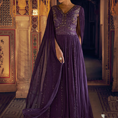 Violet Viscos Shimmer Jacquard Silk Embroidered Gown