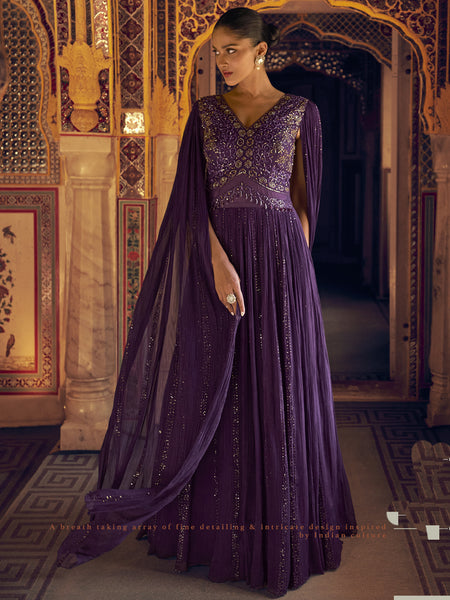 Violet Viscos Shimmer Jacquard Silk Embroidered Gown
