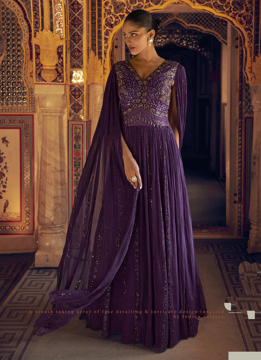 Violet Viscos Shimmer Jacquard Silk Embroidered Gown