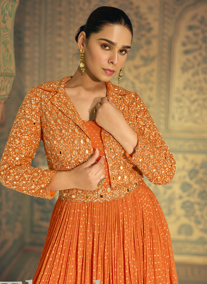 Orange Viscos Shimmer Jacquard Silk Embroidered Gown