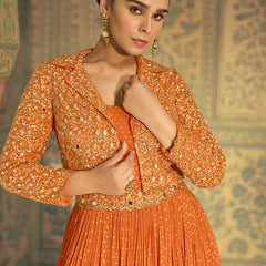 Orange Viscos Shimmer Jacquard Silk Embroidered Gown