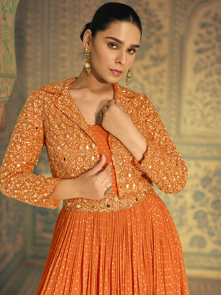 Orange Viscos Shimmer Jacquard Silk Embroidered Gown