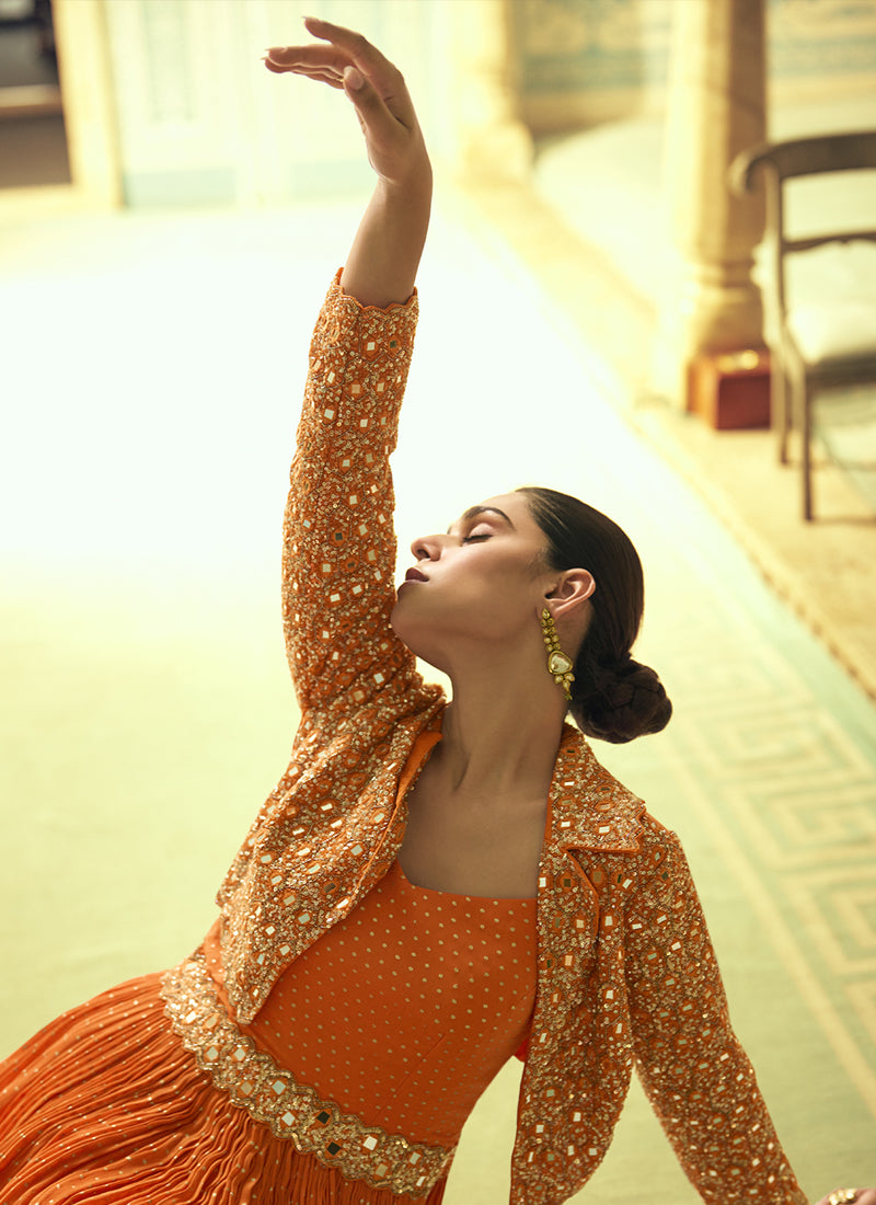 Orange Viscos Shimmer Jacquard Silk Embroidered Gown