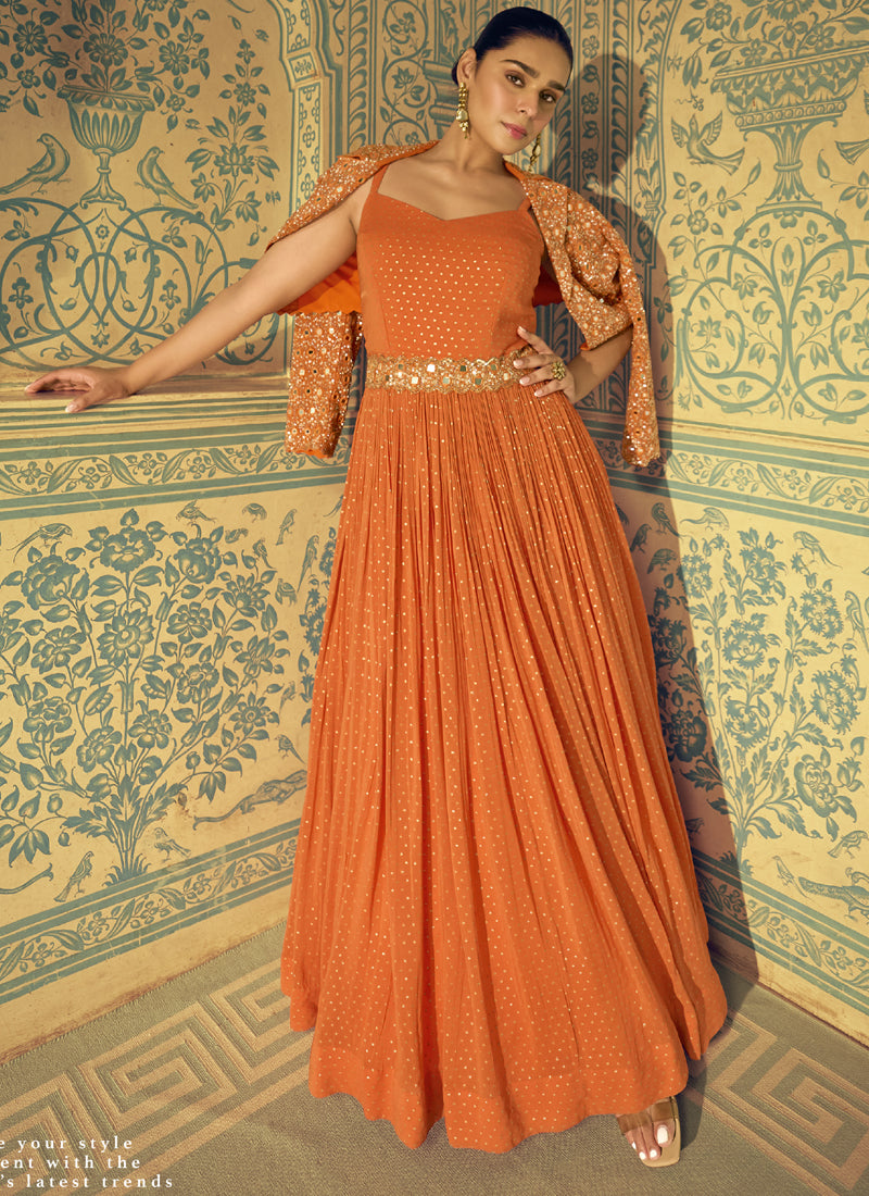Orange Viscos Shimmer Jacquard Silk Embroidered Gown