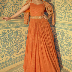 Orange Viscos Shimmer Jacquard Silk Embroidered Gown