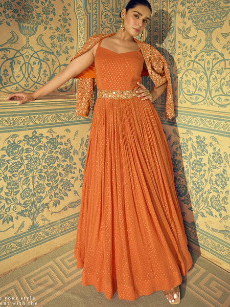 Orange Viscos Shimmer Jacquard Silk Embroidered Gown
