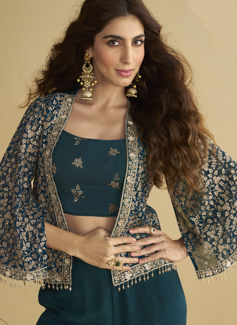 Aqua Blue Georgette Embroidered Designer Palazzo With Jacket
