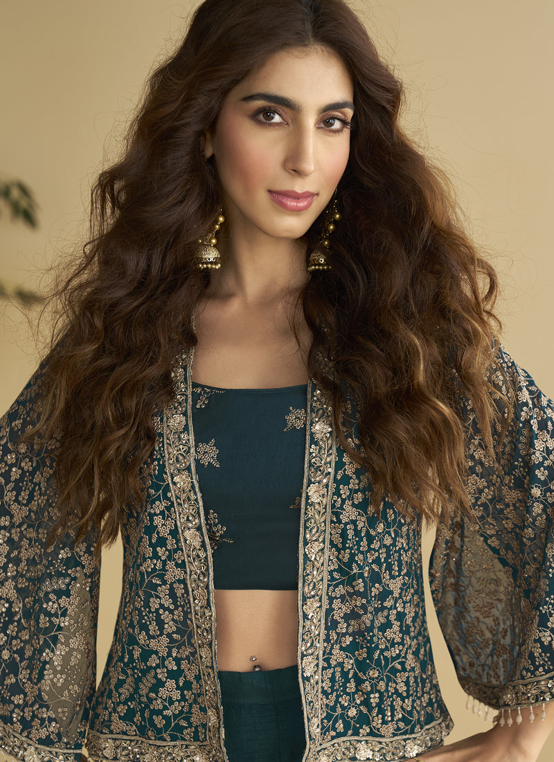 Aqua Blue Georgette Embroidered Designer Palazzo With Jacket