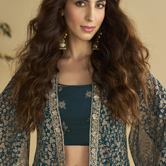 Aqua Blue Georgette Embroidered Designer Palazzo With Jacket