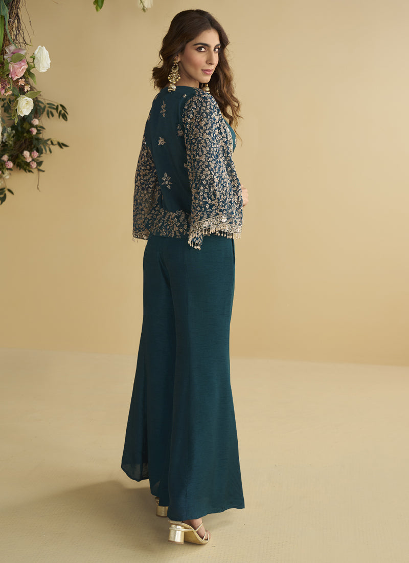 Aqua Blue Georgette Embroidered Designer Palazzo With Jacket