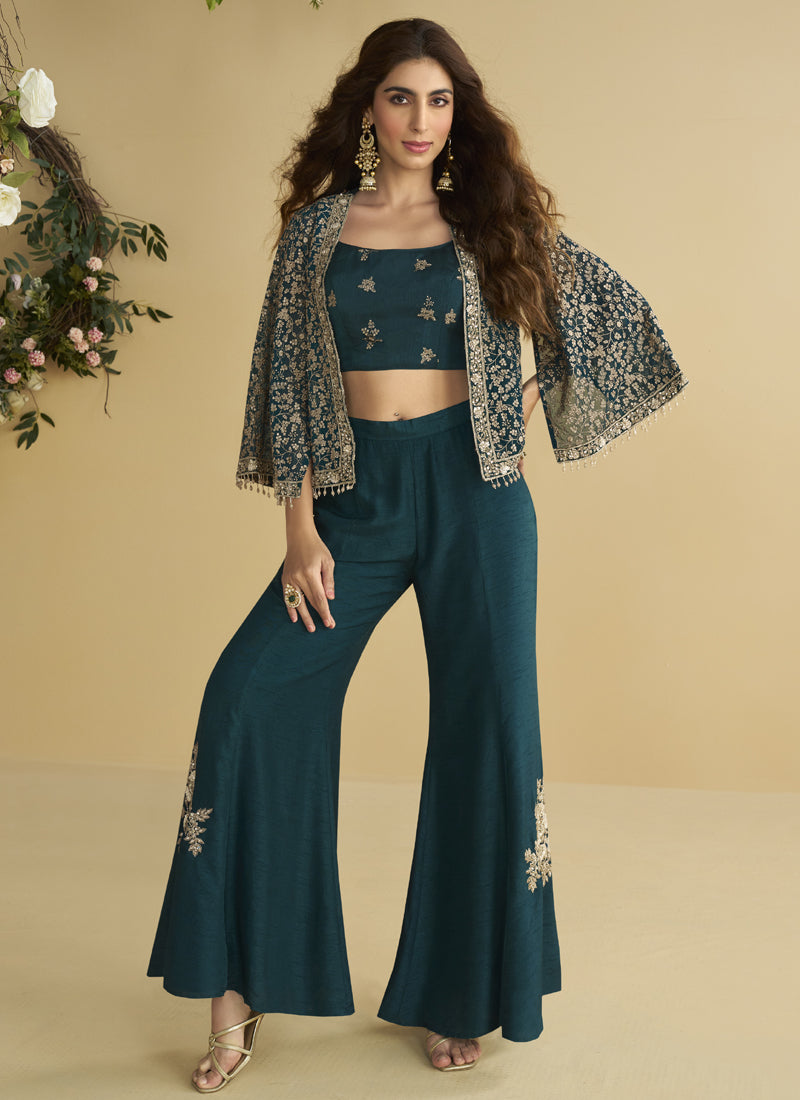 Aqua Blue Georgette Embroidered Designer Palazzo With Jacket