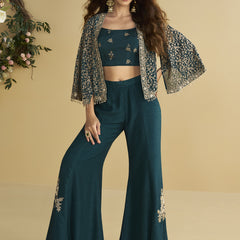 Aqua Blue Georgette Embroidered Designer Palazzo With Jacket