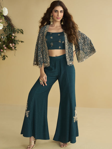 Aqua Blue Georgette Embroidered Designer Palazzo With Jacket