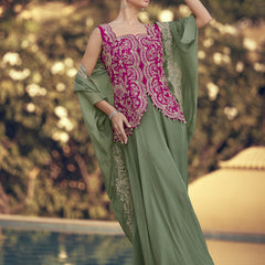Mehendi Chinon Silk Embroidered Western Palazzo Suit